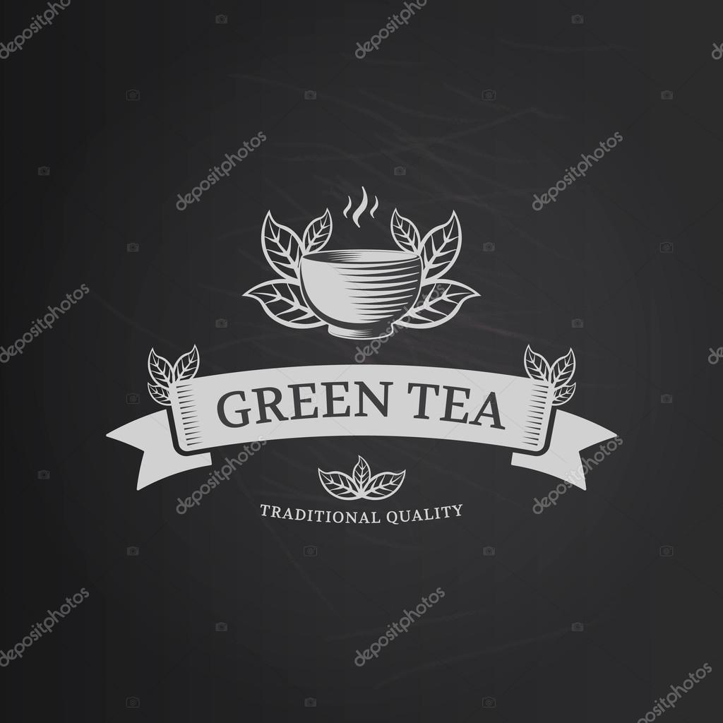 Green tea vector logo design template. Engraving sign for tea shop or cafe