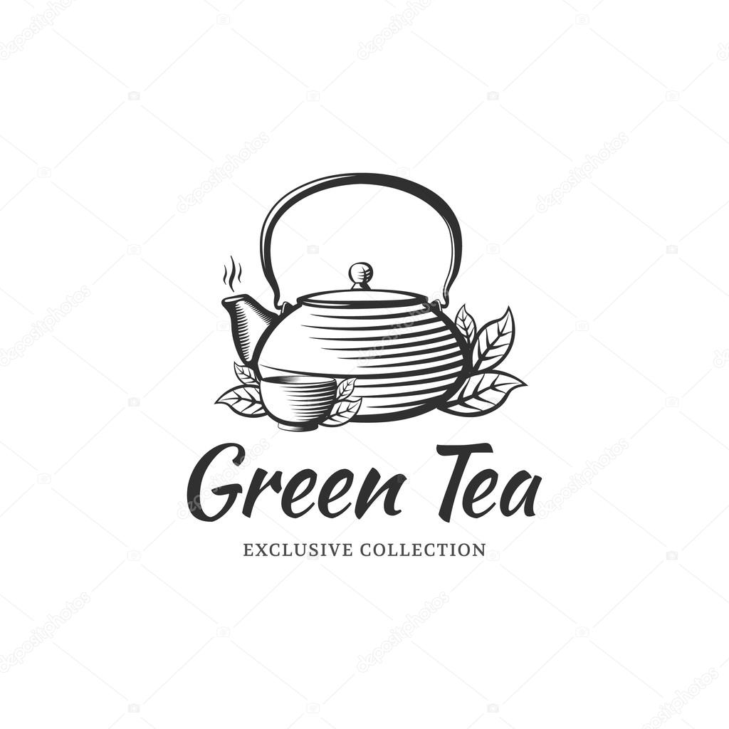 Tea logo design template for cafe, shop, restaurant. Kettle and bowl in the style of engraving