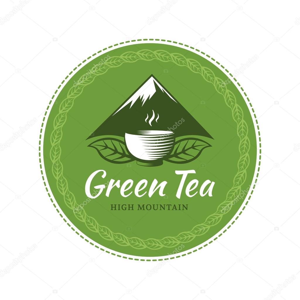 Green tea circle label, sticker. Logo for a cafe or restaurant