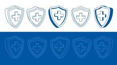 Üç boyutlu tıbbi kalkanlarda çapraz semboller var. Vektör koruma simgeleri sağlık sigortası ve güvenliği temsil ediyor.