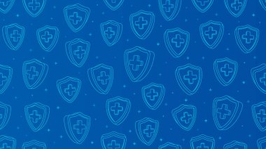 Haçlı mavi kalkanlar kusursuz bir koruma deseni oluşturuyor. 3D izometrik anahatlar modern tıbbi arka plan. Tasarım sağlık hizmetleri ve sigorta konularına uyar.