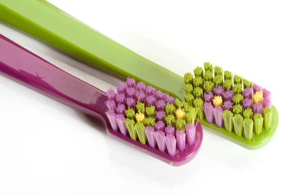 Bright Colorful Toothbrushes Selective Focus White Background Healthy Teeth Toothbrush — Stock Photo, Image