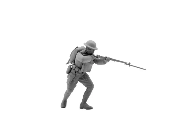 Macro Soldati Giocattolo Plastica Con Pistole Sfondo Bianco Modellazione Soldatino — Foto Stock