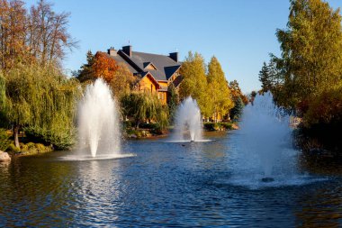 Kiev, Ukrayna. Kasım 2020. Eski Başkan Mezhyhirya 'nın evi. Nehir kenarındaki güzel bir parkta ahşap ev ve müze. Avrupa 'nın simgeleri.