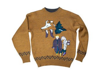 Kahverengi yün süveter ve bir erkek ve bir kız resmedilmiş.