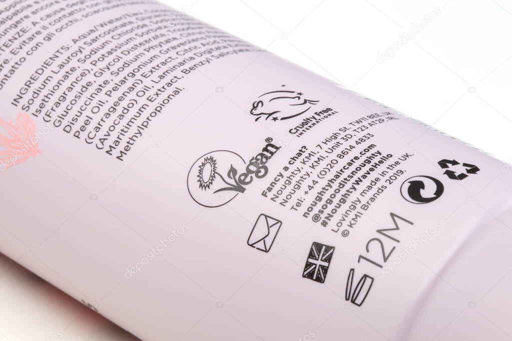 KIEV, UKRAINE - November 23, 2020: Cruelty Free labeling by Cruelty Free International. The mark indicates that products with this mark are not tested on animals, but may contain ingredients of animal origin.