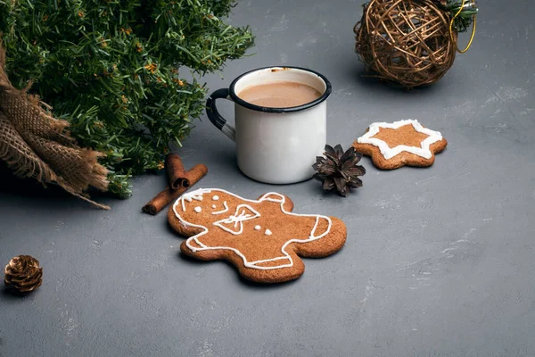 Decorative Christmas Still Life Winter Composition Gingerbread Man Shape Cookie — Stock Photo, Image
