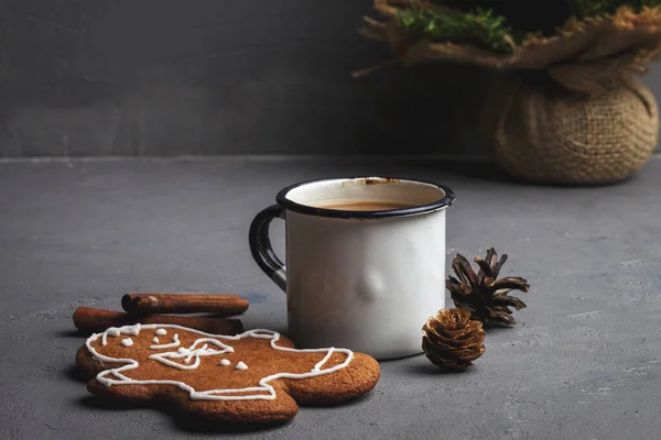 Gingerbread Man Shape Cookie Gray Textured Table Background Cup Coffee — Stock Photo, Image