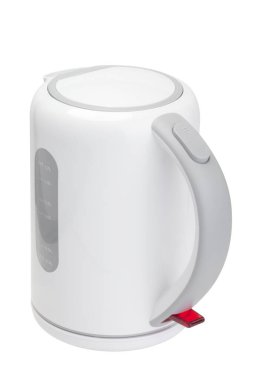 Beyaz arka planda beyaz elektrikli su ısıtıcısı var. Beyaz zemin üzerinde beyaz plastik modern çaydanlık.