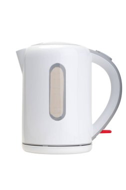 Beyaz arka planda izole edilmiş beyaz elektrikli çaydanlık.