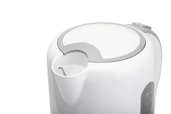 Electric Kettle Made White Plastic White Background Focus Teapot Lid — Stock Photo, Image
