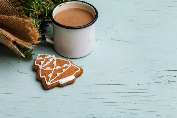 Christmas Cookies Decorated Sugar Icing Blue Background Next Cup Cocoa — Stock Photo, Image