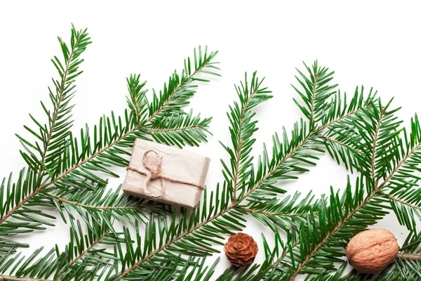 2021 Gelukkig Nieuwjaar Vrolijk Kerstversiering Vlakke Banner Geschenkdoos Rood Lint — Stockfoto