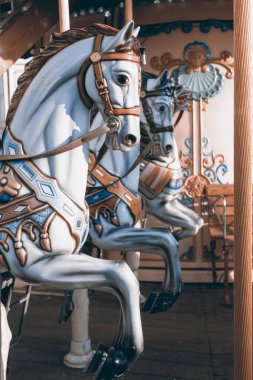 Vintage carousel horse. KIEV, UKRAINE - 01,02.2021: NEW YEAR CAROUSEL IN KIEV