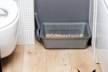 İçi ahşap dolgulu bir kedi için plastik tuvalet.