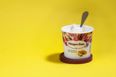 KIEV, UKRAINE - HAUARY 06, 2021: Haagen-Dazs Macadam Karamelli Dondurma