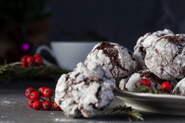 Çikolatalı kurabiye. Ev yapımı çikolatalı buruşuk kurabiyeler pudra şekeri..