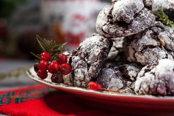 Chocolate Cookies Homemade Chocolate Crinkles Cookies Powdered Sugar — Stock Photo, Image
