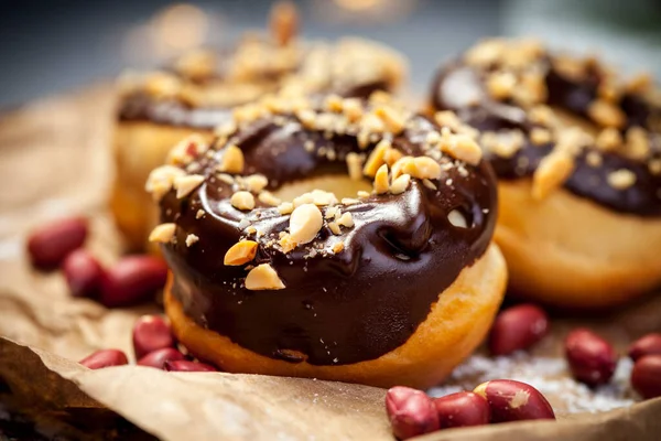 Chocolate Donut Sprinkled Peanuts Nuts Donut Nuts Homemade Baking — Stock Photo, Image