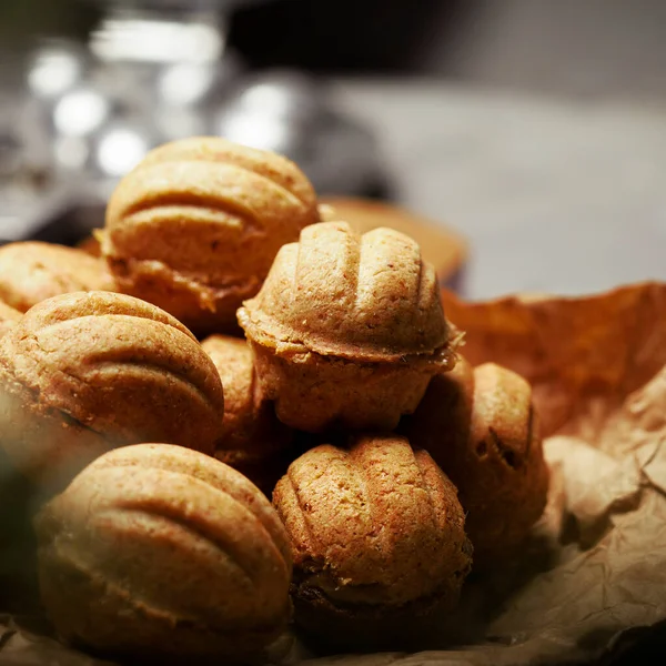 Chriatmas Food Shortbread Russian Walnut Shaped Cookies Oreshki Caramel Close — Stock Photo, Image