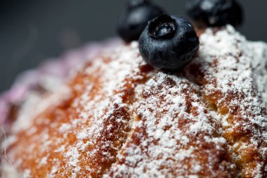 Pudra şekeri ve taze böğürtlenli yabanmersinli kek.