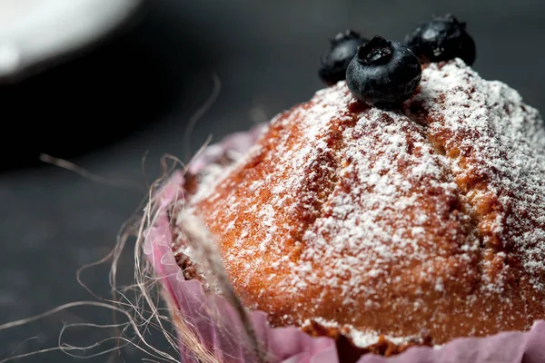 Muffin Blueberries Black Graphite Table Top View — Stock Photo, Image