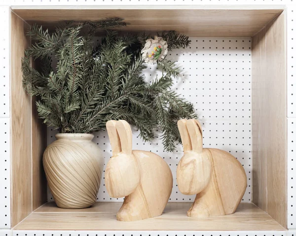 Figur Des Osterhasen Aus Holz Postkarte Ostern Kopierraum — Stockfoto