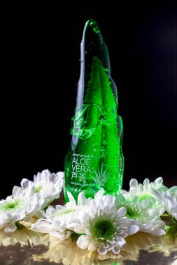 KIEV, UKRAINE - 12 Mart 2021 ÜNİVERSAL Yıkanılabilir ALOL GEL% 99 SOOthing GEL. Kore Aile Bakımı 'ndan. Siyah bir arka planda taze çiçeklerle