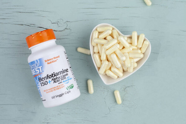 Kiev, Ukraine - June 27, 2021: Doctor's Best, Benfotiamine 150 & Alpha Lipoic Acid 300, 60 Vegetarian Capsules. it is a highly bioavailable fat-soluble form and derivative of thiamine that helps support the circulatory and nervous systems