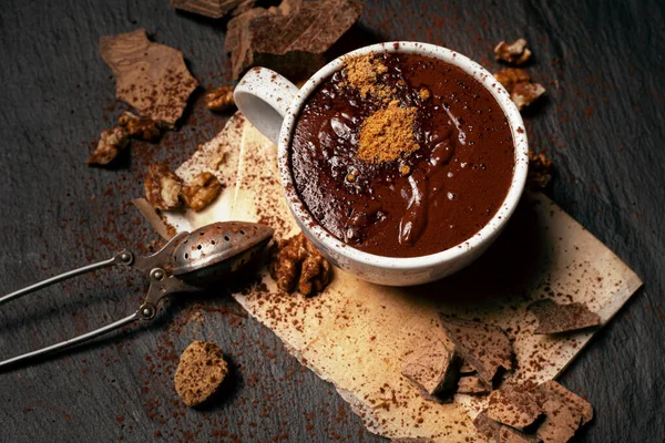 Copa Chocolate Caliente Sobre Fondo Piedra Negra —  Fotos de Stock