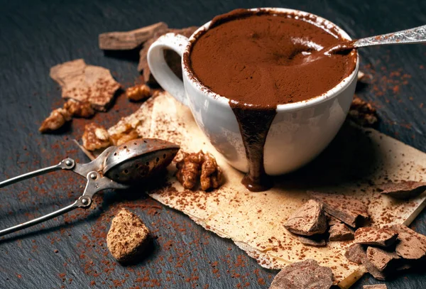 Cup Hot Chocolate Black Stone Background — Stock Photo, Image