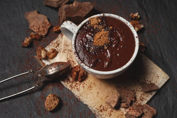 Copa Chocolate Caliente Sobre Fondo Piedra Negra —  Fotos de Stock