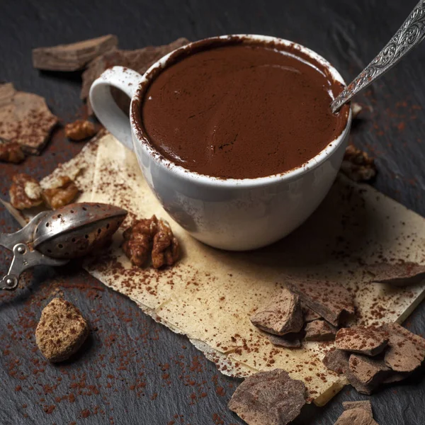 Cup Hot Chocolate Black Stone Background — Stock Photo, Image