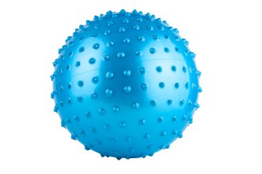 Spor için dikenli mavi jimnastik topu, beyaz arka planda, izole. Spor malzemeleri konsepti