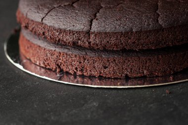 Chocolate cake layers closeup.
