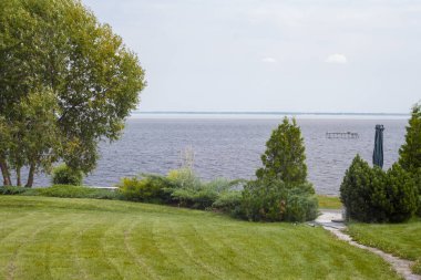 Denizin arka planında yeşil çimenler.