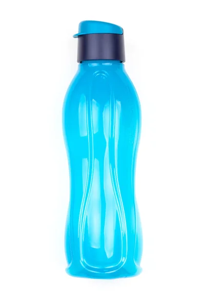 Μπουκάλι Πλαστικό Τάπερ Πλαστικό Μπλε Μπουκάλι Ποτού Βαλβίδες Λευκό Φόντο — Φωτογραφία Αρχείου
