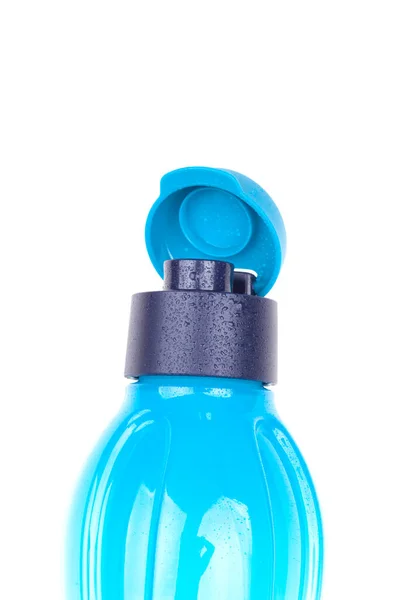 Blaue Wiederverwendbare Plastikwasserflasche Mit Ventil Isoliert Auf Weißem Hintergrund — Stockfoto
