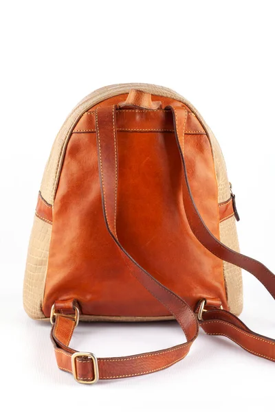 Women Brown Leather Backpack White Background — Stock Photo, Image