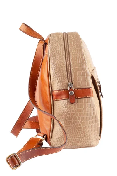 Women Brown Leather Backpack White Background — Stock Photo, Image