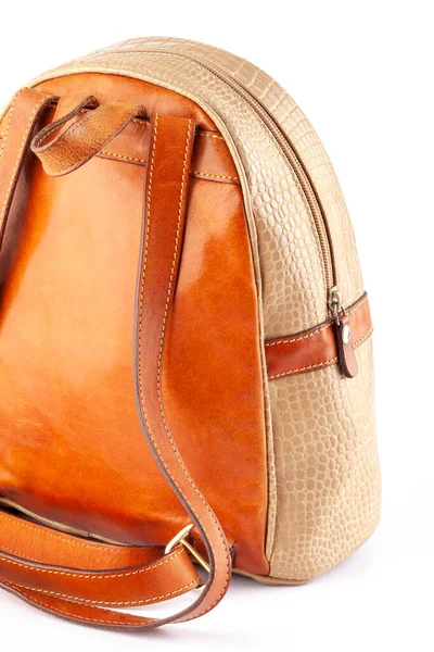 Women Brown Leather Backpack White Background — Stock Photo, Image