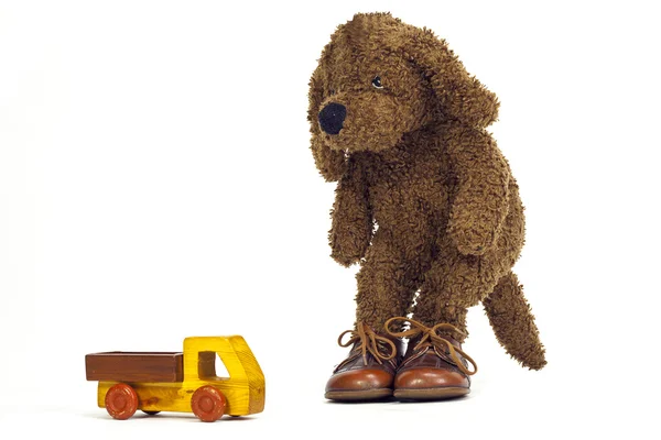 Мягкая игрушечная собака смотрит на игрушку — стоковое фото
