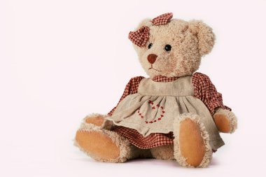 Beyaz arka plan üzerinde izole yumuşak peluş oyuncak hayvanlar. Vintage oyuncak ayı bir elbise