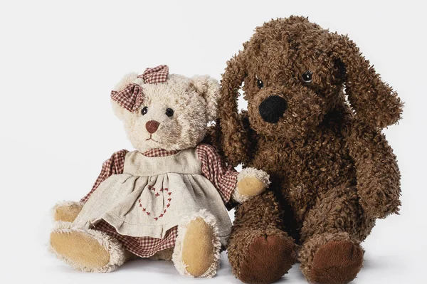 Soft plush toy animals isolated on white background. Vintage toy bear in a dress — Stock Photo, Image