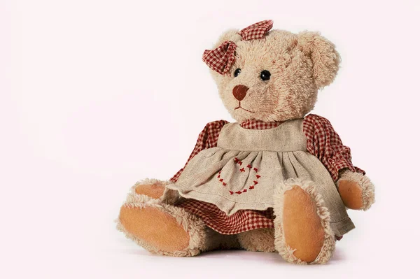 Zachte pluche speelgoed dieren geïsoleerd op een witte achtergrond. Vintage toy bear in een jurk — Stockfoto