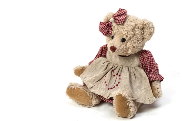 Plush macio animais de brinquedo isolado no fundo branco. Urso de brinquedo vintage em um vestido — Fotografia de Stock