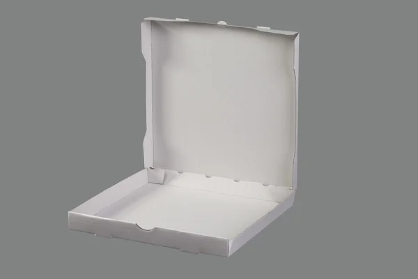 Caja de pizza: una pila alta, blanca, aislada en blanco . — Foto de Stock