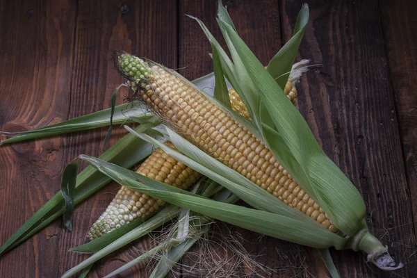 Maïs op de kolf, geïsoleerd op houten achtergrond — Stockfoto