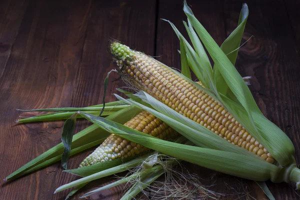 Maïs op de kolf, geïsoleerd op houten achtergrond — Stockfoto