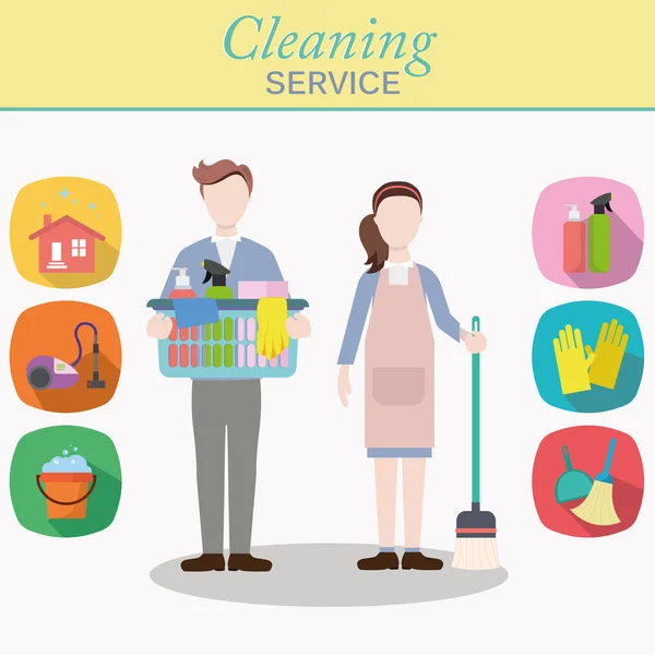 Personajes del personal de limpieza con equipo de limpieza — Vector de stock